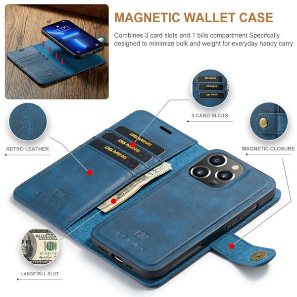 DG.MING iPhone 15 Pro Plånboksfodral Chockresistent Äkta läder Blå