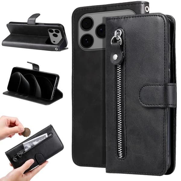iPhone 17 Pro Max Konstläder Plånboksfodral Zipper - Svart Svart