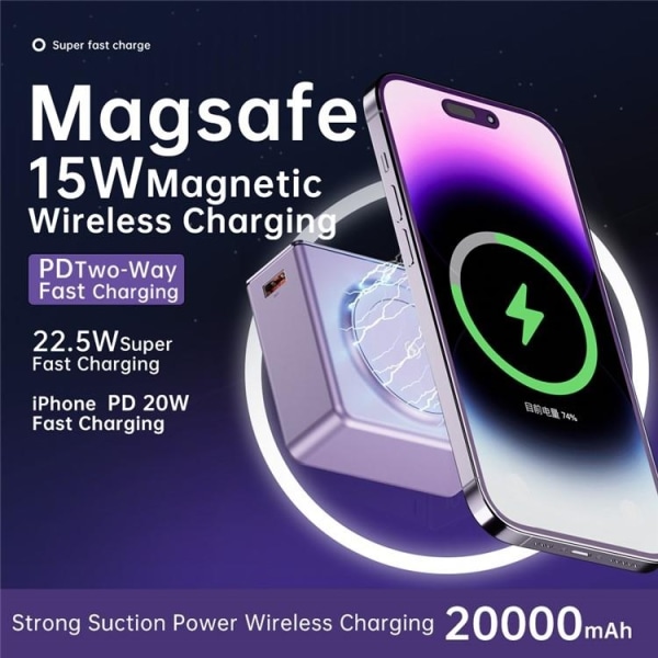 Magsafe Powerbank 20000mAh Q7 15W Magnetic Wireless - Lilla