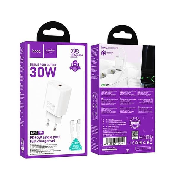HOCO Hurtigoplader USB-C 30W USB-C/USB-C Kabel N62 PD QC - Hvid Vit