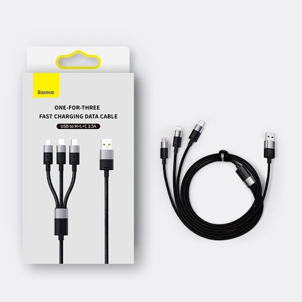 Baseus 3in1 USB-A till USB-C, Lightning, microUSB kabel 1.2m Svart