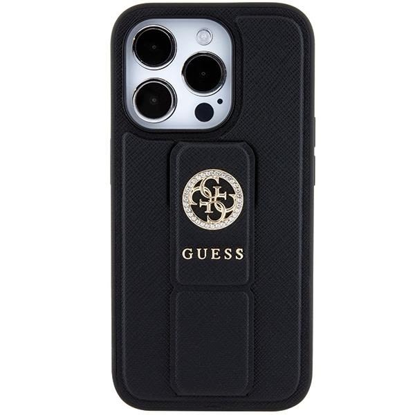 Guess iPhone 15 -puhelimen kuori Grip Stand 4G Saffiano Strass - Musta