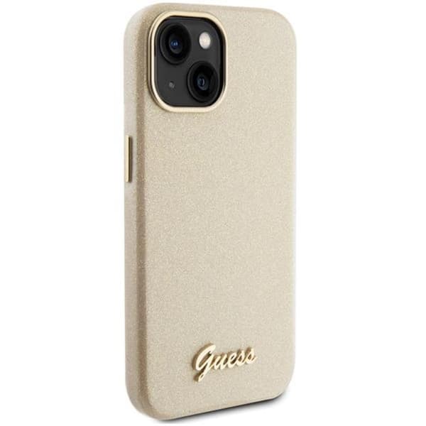 Guess iPhone 15 Mobilskal Glitter Glossy Script - Kulta Guld