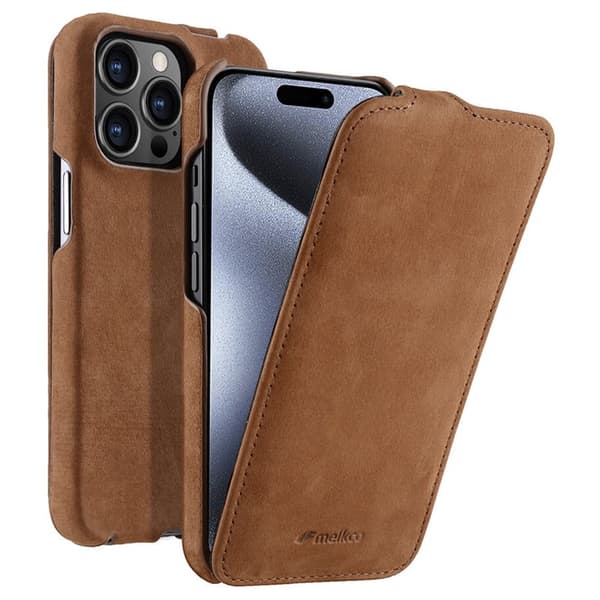 MELKCO Mobilskal till iPhone 15 Pro Max Äkta Läder + PC Vertikalt - Brun