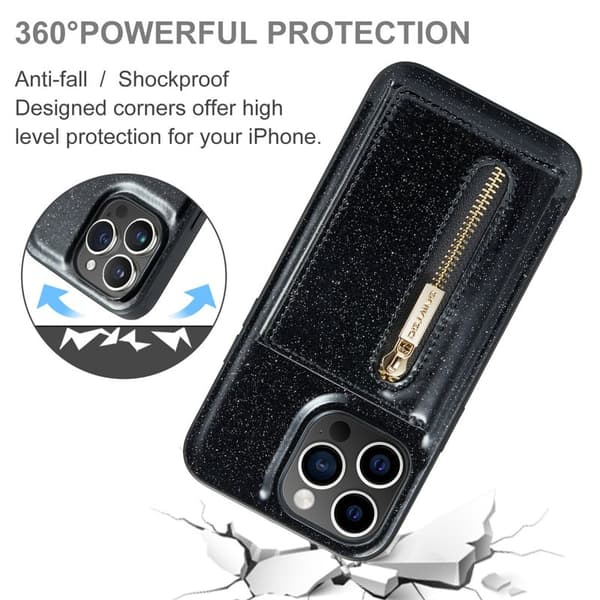 DG.MING M3 iPhone 15 Pro Kickstand Plånboksfodral Glitter Konstläder Svart