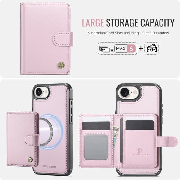 JEEHOOD J09 Mobilskal till iPhone 16e RFID Skydd Läder MagSafe - Rosa