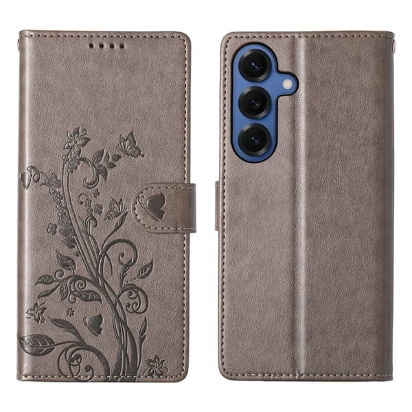 Samsung Galaxy S26 Plus Plånboksfodral Fjäril Blommönster Konstläder - Grå
