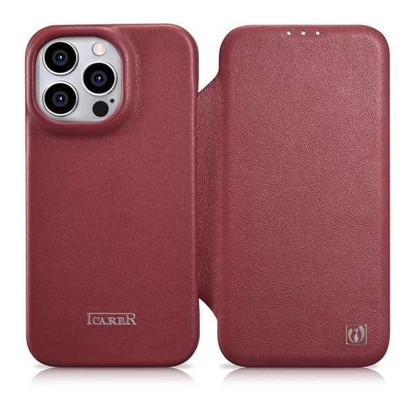 iCarer iPhone 14 Pro Max Plånboksfodral MagSafe CE Äkta Läder Röd