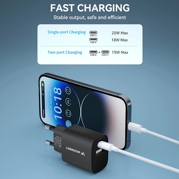 Wozinsky USB-A USB-C 20W Väggladdare - Svart