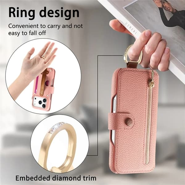 iPhone 17 Pro Max Konstläder Plånboksfodral RFID-Skydd Zipper - Rosa Rosa