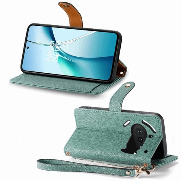 Nothing Phone (3a) Konstläder Plånboksfodral RFID-Skydd Zipper med Rem - Grön
