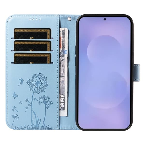 Samsung Galaxy S26+ Plånboksfodral Konstläder Med Rem Dandelion - Ljusblå