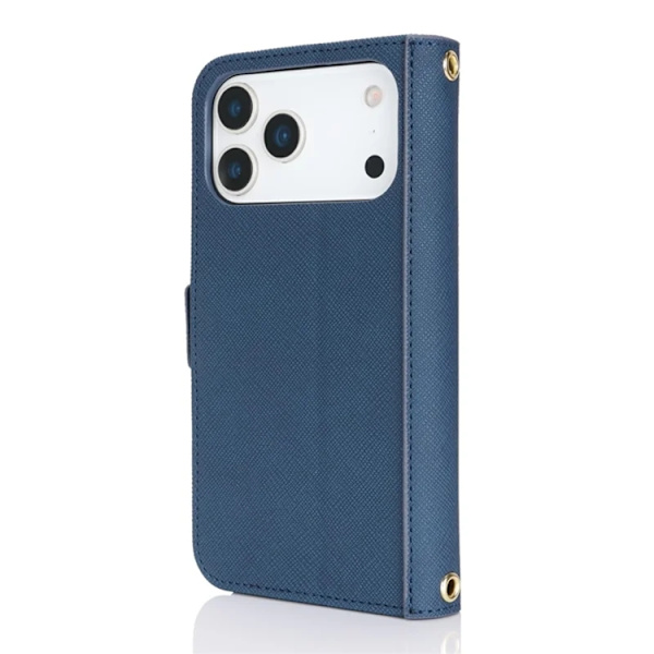 iPhone 17 Pro Konstläder Plånboksfodral Cross Texture med Axelrem - Blå Blå
