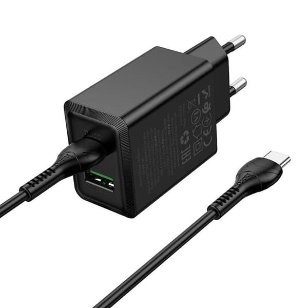 Hoco Hurtigoplader PD 30W USB-A USB-C QC3.0 AFC 3A med USB-C Kabel N71 - Sort Svart