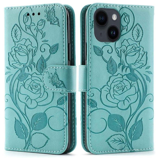 iPhone 14 Plus Plånboksfodral Imprinted Roses - Turkos Turkos