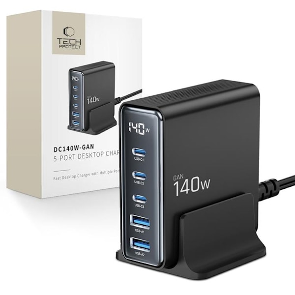 Tech-Protect 5-Port Desktop Oplader - Sort Svart