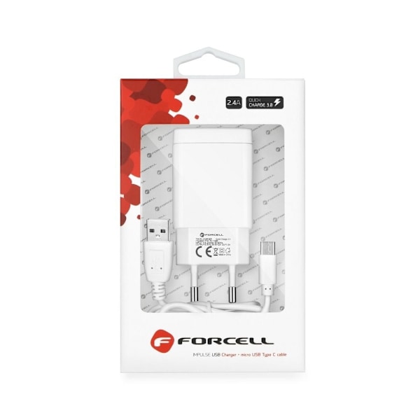 Forcell-laddare med USB A-uttag, typ-C kabel 2.4A 18W QC 3.0