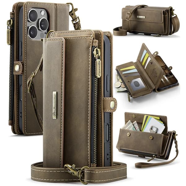 Caseme iPhone 16 Pro Konstläder Plånboksfodral RFID-Skydd Zipper - Brun