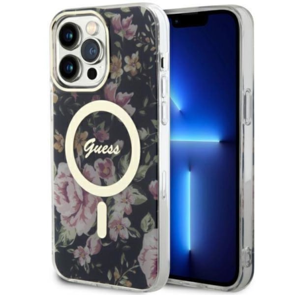 Guess iPhone 14 Pro -mobiilikotelo MagSafe Flower - musta