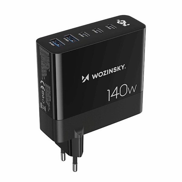 Wozinsky Väggladdare 140W GaN 3 x USB-C/2 x USB-A - Svart