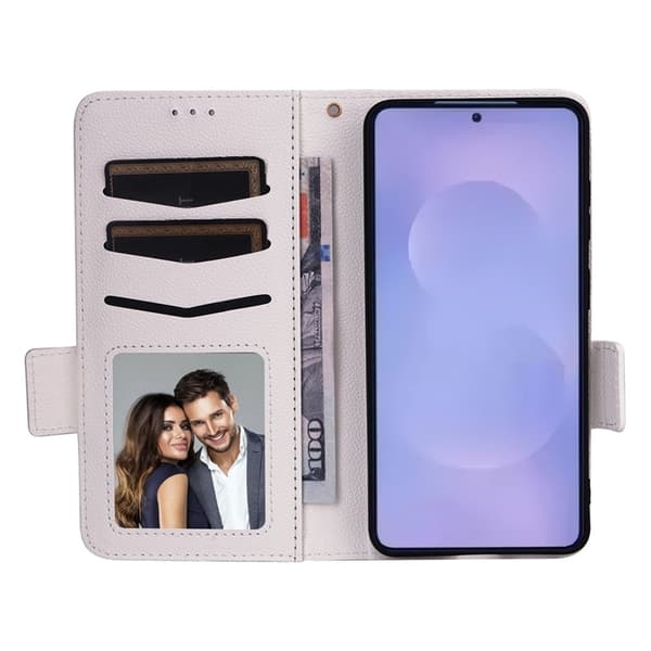 Galaxy S26/S26 Pro Plånboksfodral Litchi Konstläder med Rem - Vit Vit