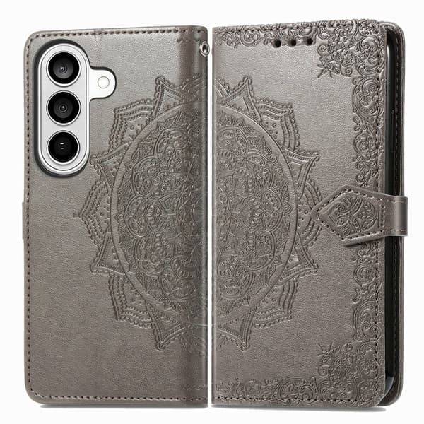 Plånboksfodral för Samsung Galaxy S26 Plus Mandala Blommor Konstläder - Grå
