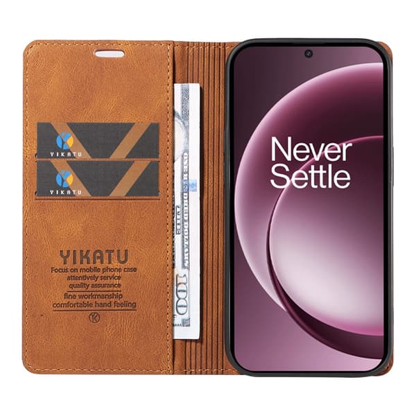 YIKATU OnePlus 15 5G Konstläder Plånboksfodral Skin-Touch Brun