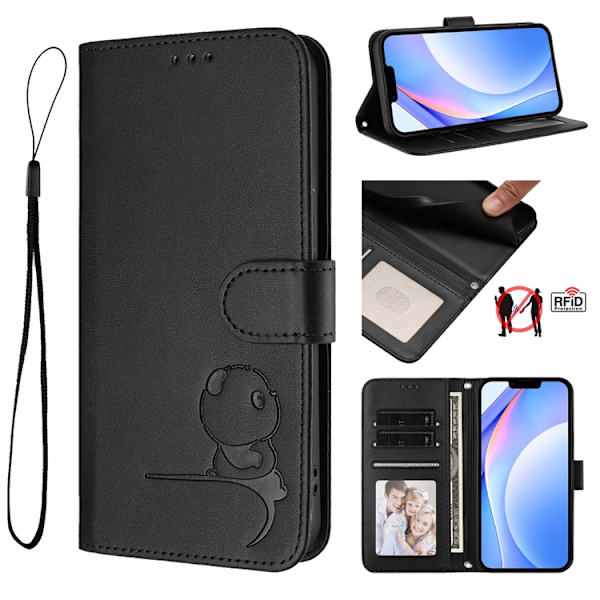 OnePlus 15 Konstläder Plånboksfodral Panda Imprint RFID-Skydd Svart