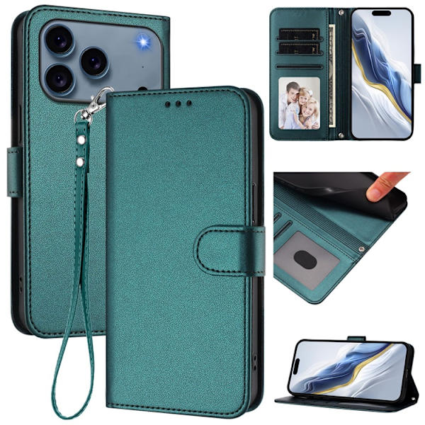 iPhone 17 Pro Max Plånboksfodral Läder med Handledsrem - Grön Grön
