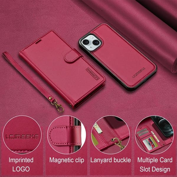 LC.IMEEKE L2 Series iPhone 15 Plus Plånboksfodral Konstläder - Röd