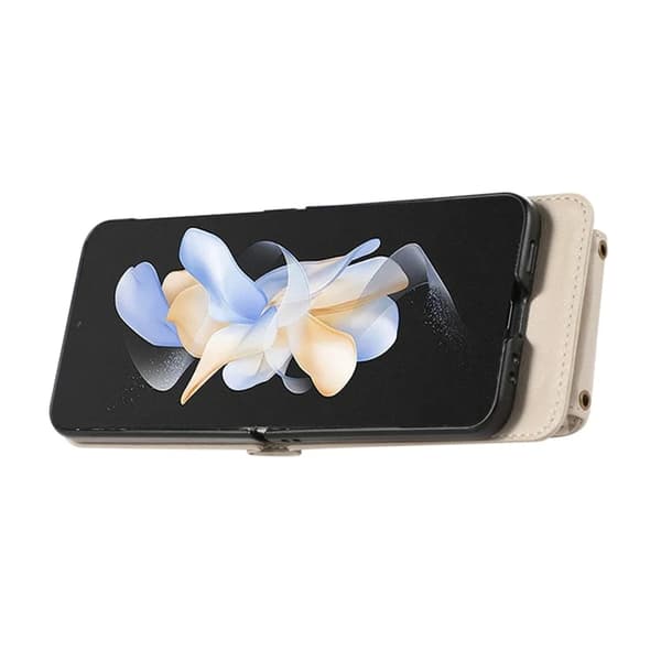 Galaxy Z Flip7 Plånboksfodral Ring Kickstand med Lång rem - Beige Beige