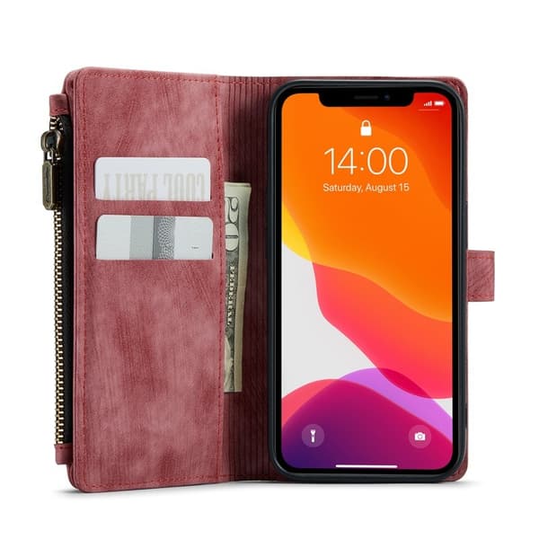 CASEME Konstläder Plånboksfodral för iPhone 12/12 Pro med rem - Röd
