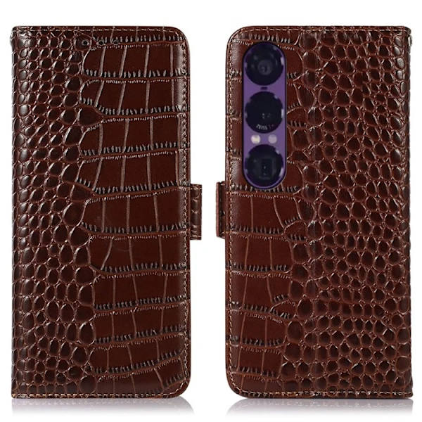 Sony Xperia 1 VII Äkta Läder Plånboksfodral Crocodile Texture - Brun