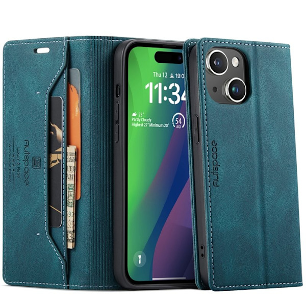 AUTSPACE iPhone 15 Plus Wallet Fodral KonstLäder - Blå