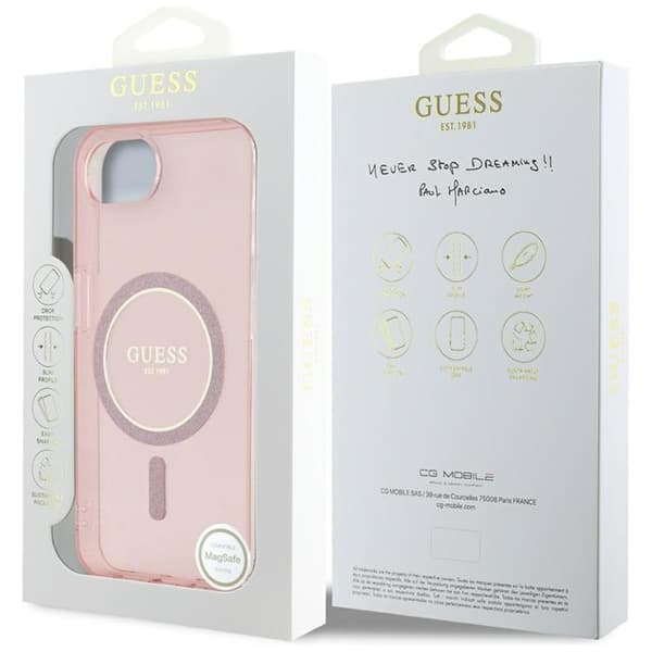 Guess Mobilskal till iPhone 16e MagSafe IML Glitter Circle - Rosa