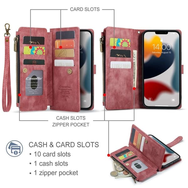 CASEME Konstläder Plånboksfodral för iPhone 13 Pro Max med Rem - Röd