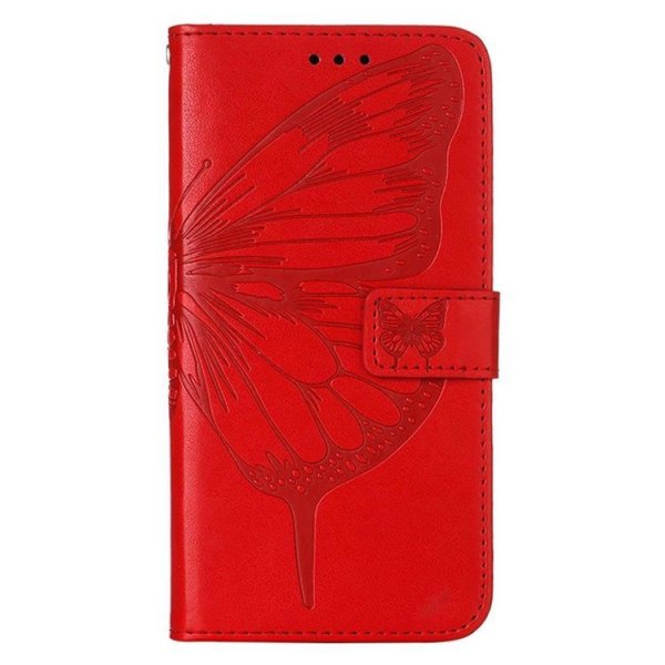 iPhone 14 Plus Plånboksfodral Butterfly Flower Imprinted - Röd