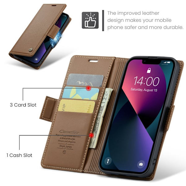 CASEME iPhone 15 Plus Plånboksfodral Konstläder RFID-Skydd 3 Kort - Brun
