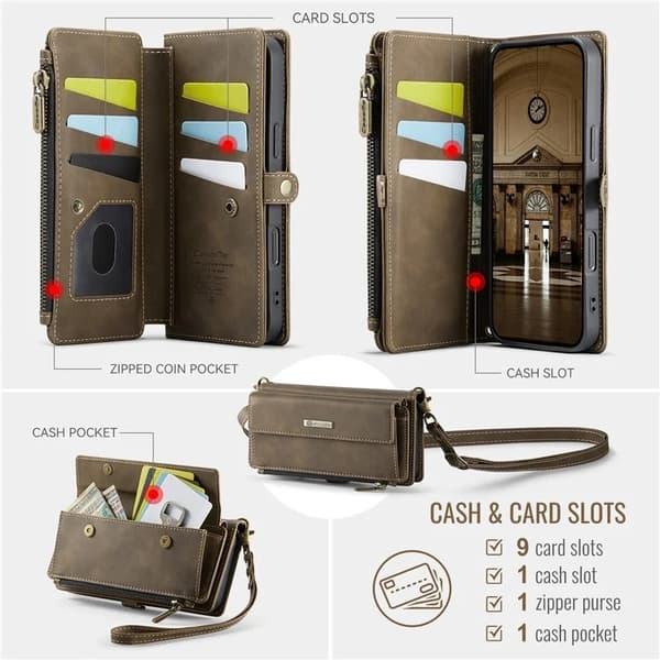 Caseme iPhone 16 Konstläder Plånboksfodral RFID-Skydd Zipper - Brun Brun