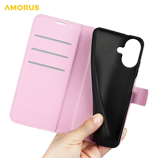AMORUS iPhone 17 Konstläder Plånboksfodral Flipstativ Litchi - Rosa Rosa