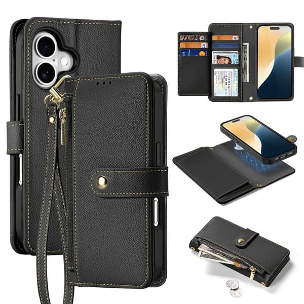 DUX DUCIS Lawa Series iPhone 16 Plus Plånboksfodral Äkta läder - Svart