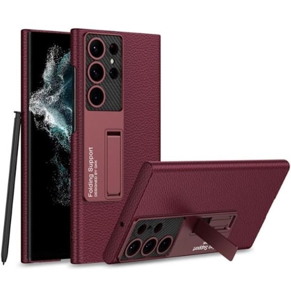 GKK Galaxy S23 Ultra Mobilskal Kickstand PU-Läder - Vinröd