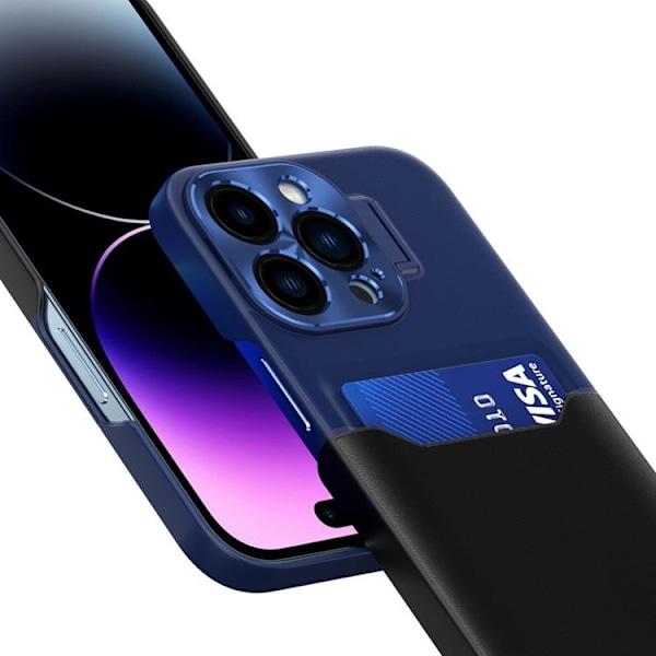 iPhone 14 Pro Max Skal Korthållare Läder Kickstand - Blå
