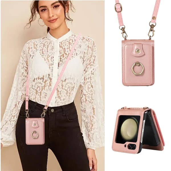 Galaxy Z Flip7 Plånboksfodral Ring Kickstand med Lång rem - Rosa Guld Roséguld