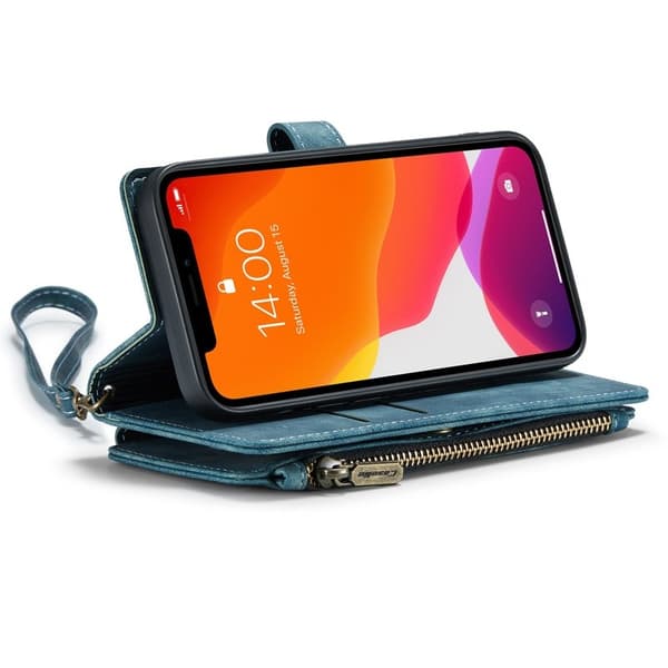 CASEME Konstläder Plånboksfodral för iPhone 12/12 Pro med rem - Blå