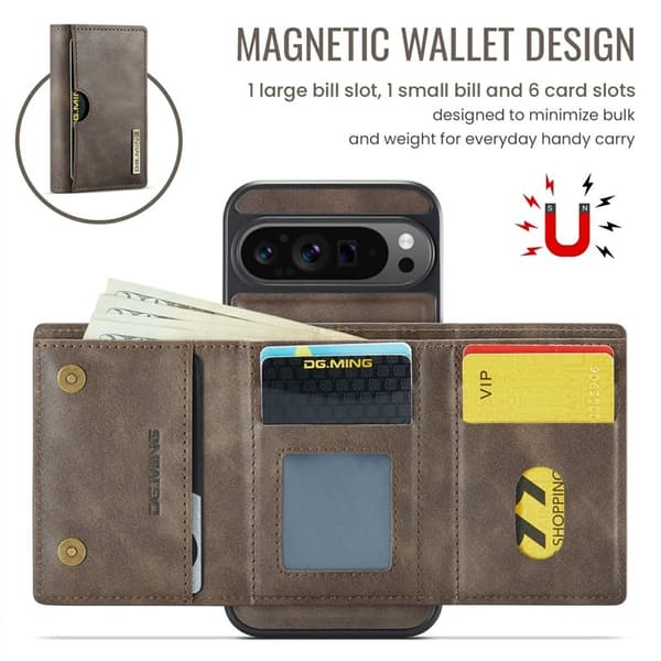 DG.MING M6 Series Konstläder Plånboksfodral för Google Pixel 9 Pro XL - Brun