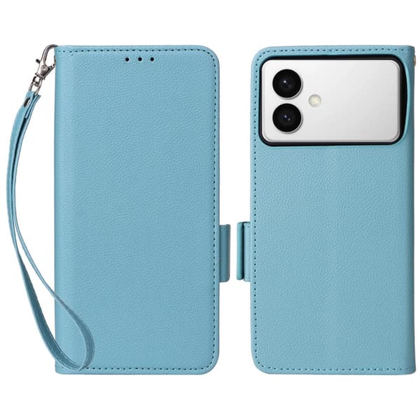 Galaxy S26 Edge Plånboksfodral Litchi Konstläder med Rem - Blå Blå