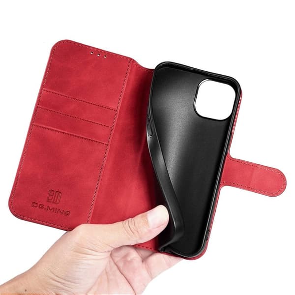 DG.MING iPhone 14 Konstläder Plånboksfodral Retro Stil Magnetisk Röd