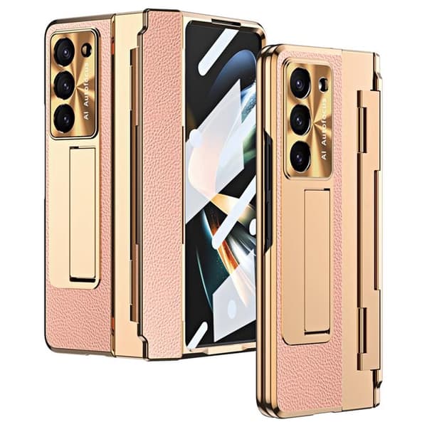 Mobilskal för Galaxy Z Fold 6 5G Läder+PC Kickstand - Guld/Rosa Rosa