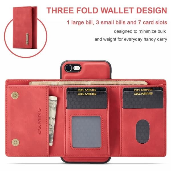 DG.MING M1 Series Plånboksfodral Konstläder med Ställ i Röd för iPhone 7/8/SE